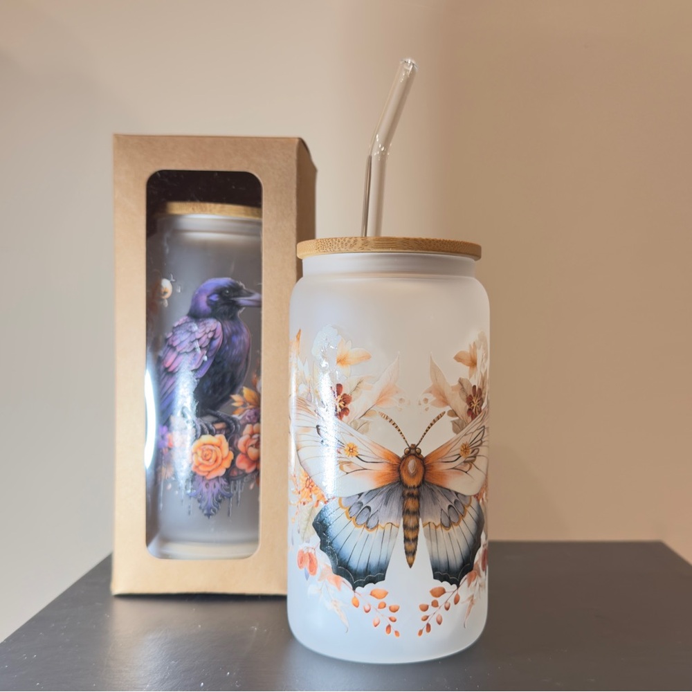 2 Handmade Iced Coffee Tumblers w Bamboo lid& Straw 16oz. Fall Theme. Great gift